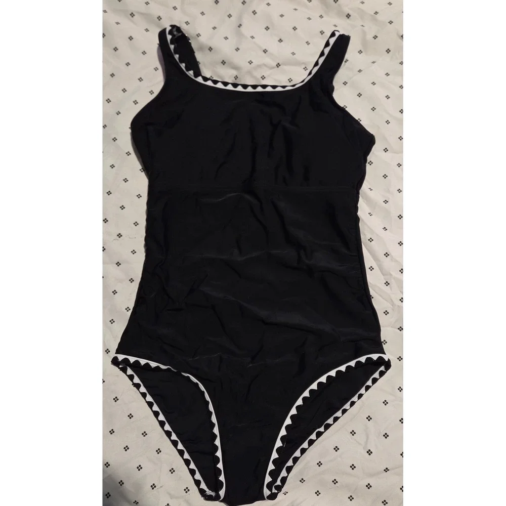 Black One Piece Swimsuit White Scalloped Trim Square Neck Girls Size‎ 13-14Y